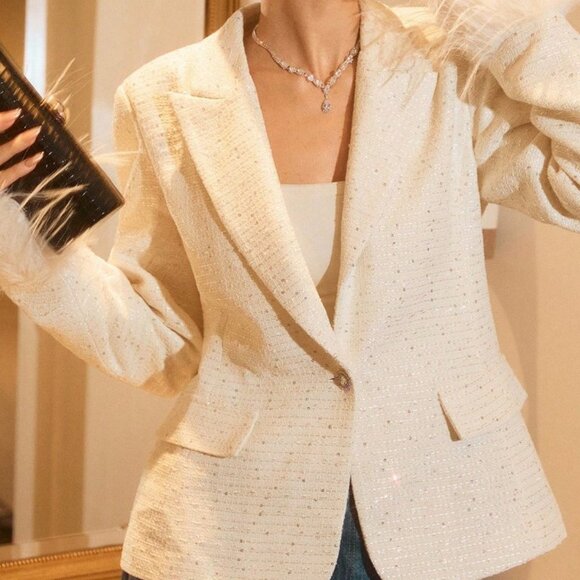 Apricot Elegant Women's Luxe Party Tweed Blazer with Feather Cuffs - Picture 1 of 9